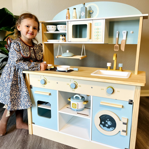 Rootz Wooden Kitchen Pretend Play Set - Kids Play Kitchen - Toy Kitchen Set - Realistic Design - Multi Toy Accessories - Role-playing Fun - 76 x 38 x 89 cm - MDF and High-Quality Wood