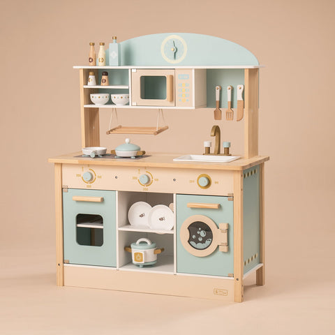 Rootz Wooden Kitchen Pretend Play Set - Kids Play Kitchen - Toy Kitchen Set - Realistic Design - Multi Toy Accessories - Role-playing Fun - 76 x 38 x 89 cm - MDF and High-Quality Wood