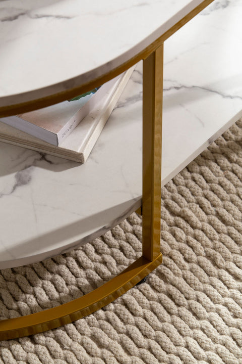 Rootz Modern Design Rectangular Sofa Table - Coffee Table - Marble Look - White & Gold - Storage Area - Elegant Flair - Robust Metal Frame - 100cm x 60cm x 45cm
