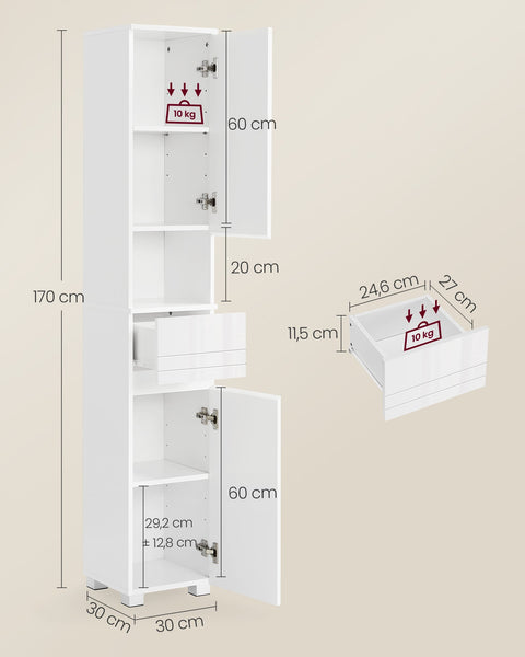 Rootz Classic White Bathroom Cabinet - Storage Unit - MDF Furniture - Spacious Design - Sturdy Construction - Easy Assembly - 30cm x 30cm x 170cm