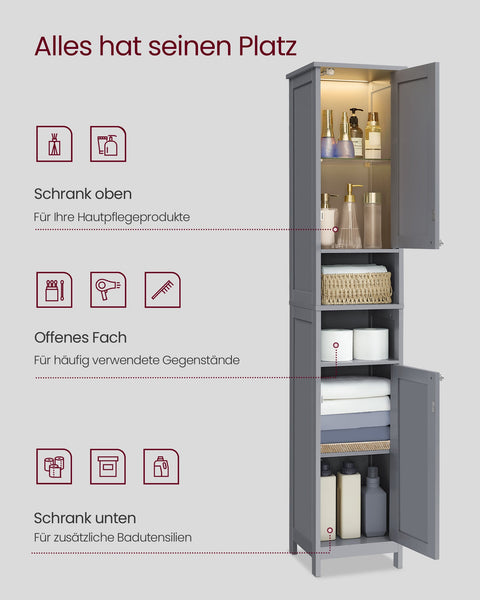 Rootz Dove Gray Bathroom Cabinet - Storage Organizer - MDF Furniture - Adjustable Shelves - 30cm x 30cm x 170cm