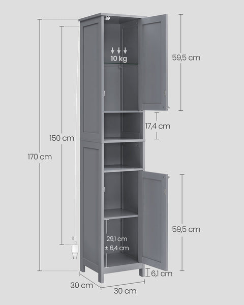 Rootz Dove Gray Bathroom Cabinet - Storage Organizer - MDF Furniture - Adjustable Shelves - 30cm x 30cm x 170cm