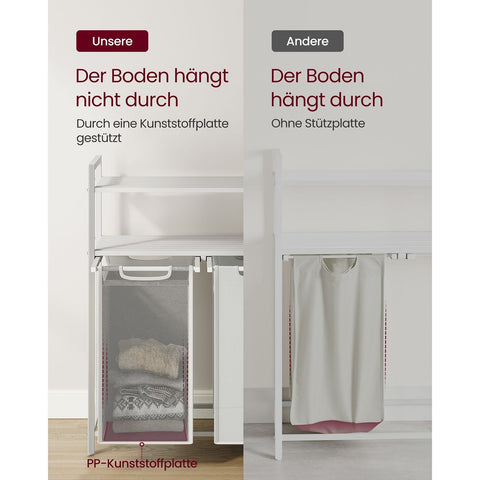 Rootz 3 Tier Laundry Basket with Shelves - White Storage Organizer - MDF Steel Construction - Oxford Cloth Bags - Heavy Duty - 73cm x 33cm x 92cm