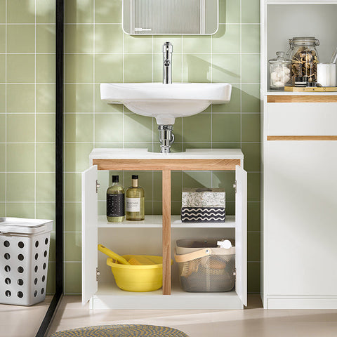 Rootz Sink Base Cabinet - Bathroom Cabinet - Washbasin Base - MDF & Rubber Wood - Stylish White - Space-Saving Design - 60cm x 60cm x 30cm