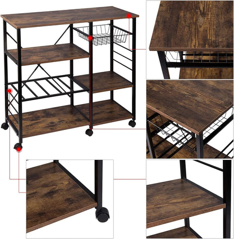 Rootz Metal Kitchen Trolley - Serving Cart - Storage Rack - Space-Efficient - Durable - Multi-Functional - 90cm x 83.5cm x 40cm