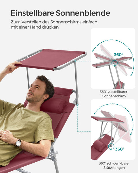 Rootz Red Steel Folding Sun Lounger - Reclining Chair - Outdoor Lounger - Synthetic Fiber Fabric - Lightweight - Compact Fold - 53cm x 193cm x 29cm