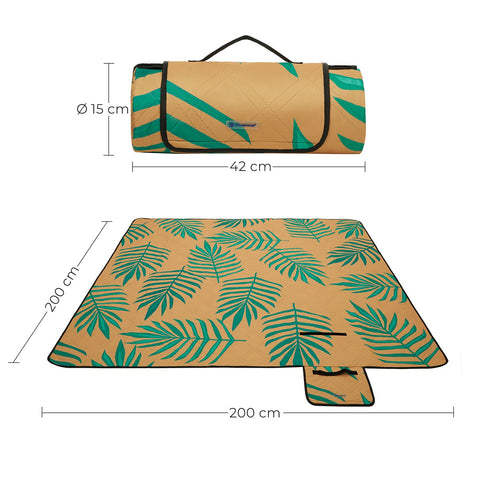 Rootz Picnic Blanket - Outdoor Mat - Beach Rug - Waterproof Polyester - Lightweight Foam Padding - Aluminum Coating - 200cm x 150cm - Orange with Tropical Fern