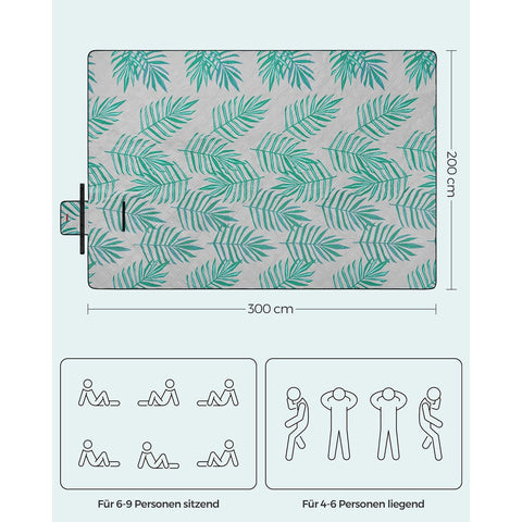 Rootz Picnic Blanket - Outdoor Mat - Beach Rug - Waterproof - Portable - Lightweight - 300cm x 200cm - Gray with Tropical Fern