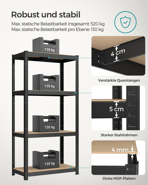 Rootz Heavy Duty Storage Rack - Black Shelf - Steel Shelving Unit - MDF Organizer - 520kg Capacity - 40cm x 80cm x 160cm