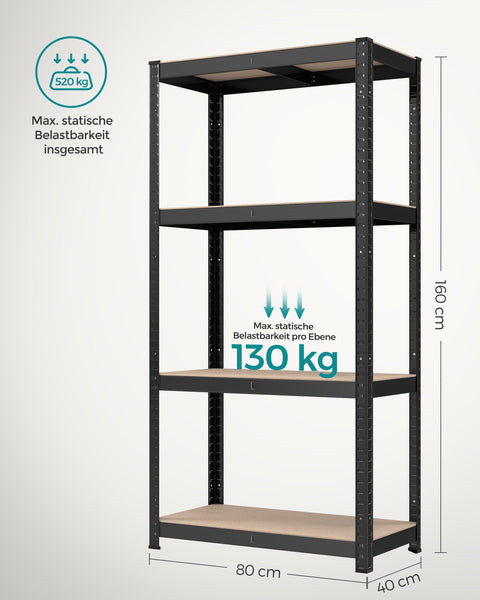 Rootz Heavy Duty Storage Rack - Black Shelf - Steel Shelving Unit - MDF Organizer - 520kg Capacity - 40cm x 80cm x 160cm