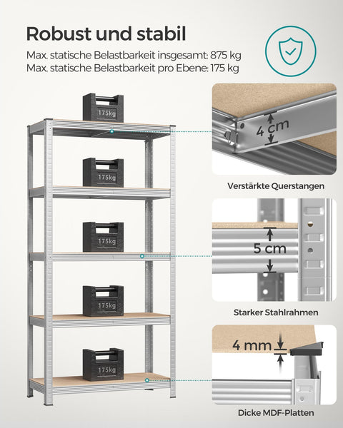 Rootz Garage Storage Rack - Shelving System - Organizer - Steel Frame - Wooden Shelves - Rust-Resistant - Adjustable - Tip Protection - 180cm x 90cm x 40cm