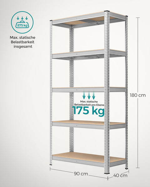 Rootz Garage Storage Rack - Shelving System - Organizer - Steel Frame - Wooden Shelves - Rust-Resistant - Adjustable - Tip Protection - 180cm x 90cm x 40cm