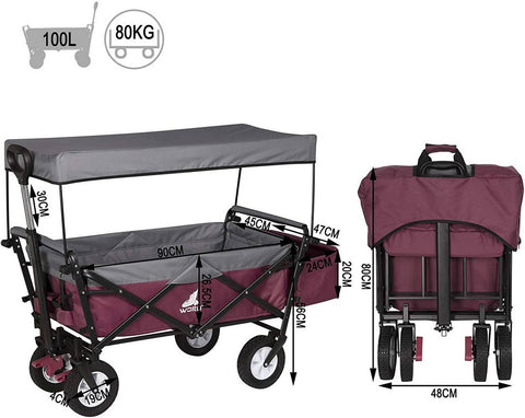 Rootz Foldable Handcart with Roof - Utility Wagon - Garden Cart - Durable 600D Polyester - Easy Storage - Heavy-Duty 80kg Capacity - 120cm x 51cm x 93cm