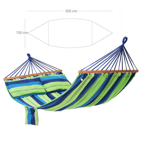 Rootz Hammock - With 2 Cushions - Hammock With Pillows - Relaxation Hammock - Comfortable Hammock Swing - Hanging Hammock With Cushions - Outdoor Relaxation Swing - Cotton + Polyester - Blue + Green - 210 x 150 cm