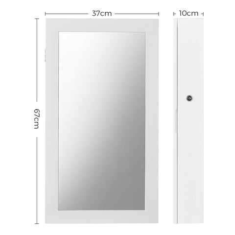 Rootz Mirror and Jewelry Cabinet - Wall Mirror - Storage Cupboard - White - MDF Board - Velvet Lining - Easy Assembly - 37cm x 67cm x 10.5cm - 59cm x 29cm Mirror