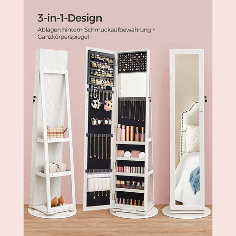 Rootz Mirror and Jewelry Cabinet - Standing Mirror - Storage Cupboard - Rotating Frame - MDF Board - 54cm x 161cm x 54cm