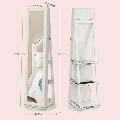 Rootz Mirror and Jewelry Cabinet - Standing Mirror - Storage Cupboard - Rotating Frame - MDF Board - 54cm x 161cm x 54cm