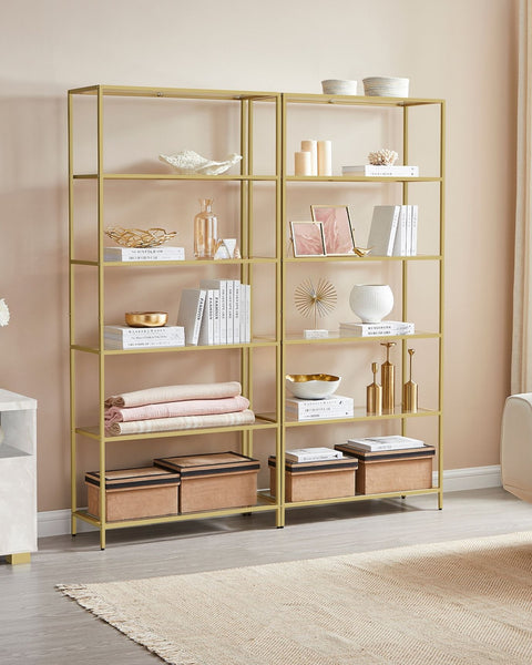 Rootz Gold Metal and Glass Shelf - Display Stand - Storage Rack - Stylish Design - Sturdy Construction - Easy Assembly - 30cm x 80cm x 177.3cm