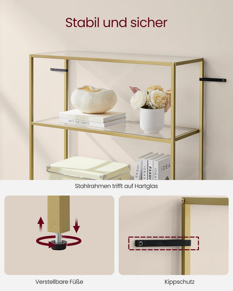 Rootz Gold Metal and Glass Shelf - Display Stand - Storage Rack - Stylish Design - Sturdy Construction - Easy Assembly - 30cm x 80cm x 177.3cm