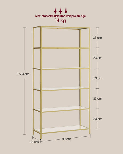 Rootz Gold Metal and Glass Shelf - Display Stand - Storage Rack - Stylish Design - Sturdy Construction - Easy Assembly - 30cm x 80cm x 177.3cm