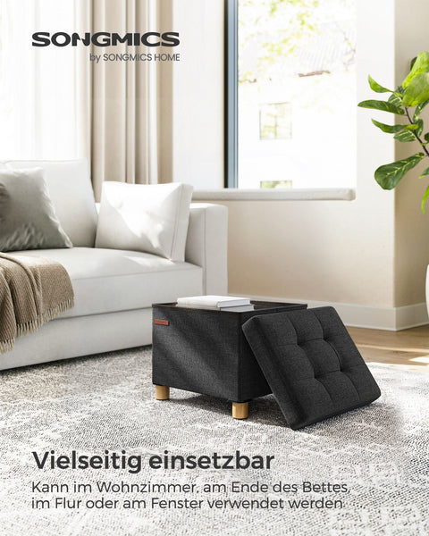 Rootz Seat Chest Storage Ottoman - Black Ottoman - Footstool - Imitation Linen - Foam - MDF - Spacious Storage - Lightweight - Sturdy Construction - 32cm x 40cm x 33.5cm