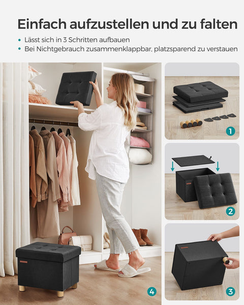 Rootz Seat Chest Storage Ottoman - Black Ottoman - Footstool - Imitation Linen - Foam - MDF - Spacious Storage - Lightweight - Sturdy Construction - 32cm x 40cm x 33.5cm