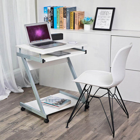 Rootz Mobile Desk - Rollable Computer Desk - Keyboard Pull-out - Z-Shape - Corner Desk - Office Desk - Writing Desk - Study Desk - Gaming Desk - White - 60 x 73 x 48 cm (W x H x D)