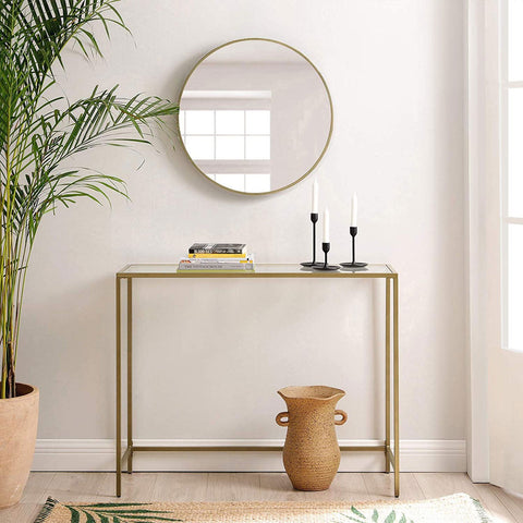 Rootz Modern Glass Console Table - Golden Metal Frame - Tempered Glass Panel - Stylish and Practical - Sturdy and Durable - Adjustable Feet - 100cm x 35cm x 80cm