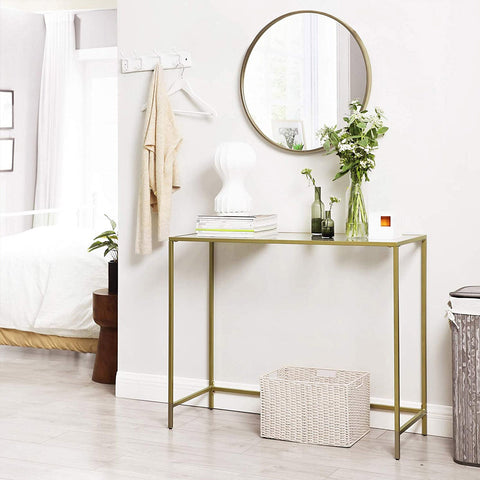 Rootz Modern Glass Console Table - Golden Metal Frame - Tempered Glass Panel - Stylish and Practical - Sturdy and Durable - Adjustable Feet - 100cm x 35cm x 80cm