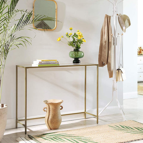 Rootz Modern Glass Console Table - Golden Metal Frame - Tempered Glass Panel - Stylish and Practical - Sturdy and Durable - Adjustable Feet - 100cm x 35cm x 80cm