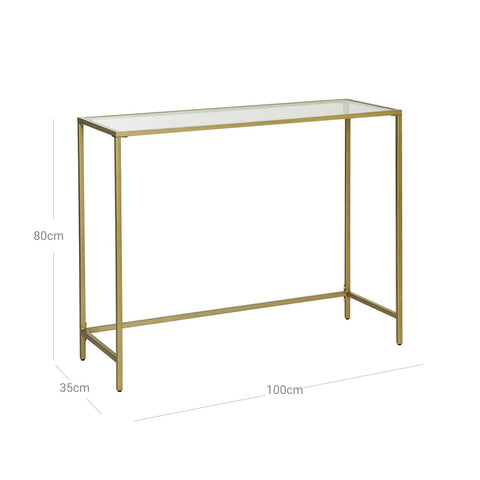 Rootz Modern Glass Console Table - Golden Metal Frame - Tempered Glass Panel - Stylish and Practical - Sturdy and Durable - Adjustable Feet - 100cm x 35cm x 80cm