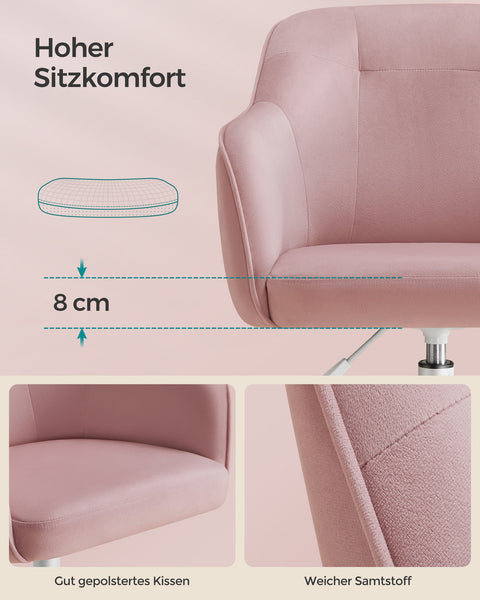 Rootz Pastel Pink Velvet Gaming Chair - Office Chair - Swivel Chair - Steel Frame - Foam Padding - PU Wheels - 64cm x 64cm x (83-93)cm - Adjustable Seat Height - Ergonomic Design - 9.5kg - 110kg Capacity