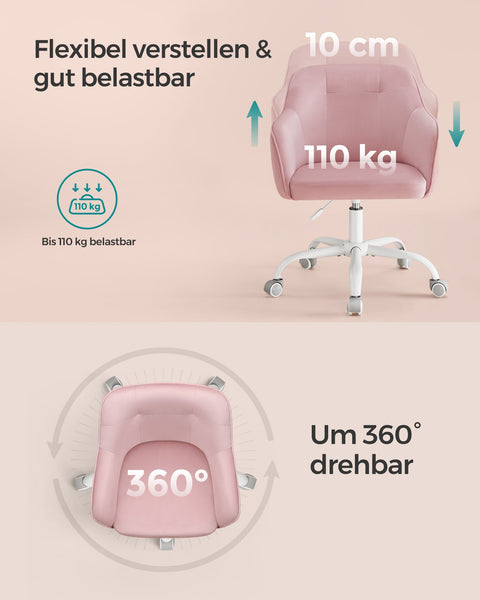 Rootz Pastel Pink Velvet Gaming Chair - Office Chair - Swivel Chair - Steel Frame - Foam Padding - PU Wheels - 64cm x 64cm x (83-93)cm - Adjustable Seat Height - Ergonomic Design - 9.5kg - 110kg Capacity