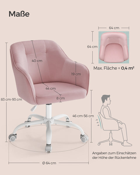 Rootz Pastel Pink Velvet Gaming Chair - Office Chair - Swivel Chair - Steel Frame - Foam Padding - PU Wheels - 64cm x 64cm x (83-93)cm - Adjustable Seat Height - Ergonomic Design - 9.5kg - 110kg Capacity