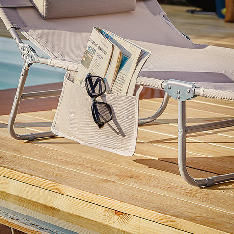 Rootz Adjustable Beach Lounger - Garden Lounger - Foldable Sun Lounger - Breathable Synthetic Fiber - Removable Pillow - Side Pocket - 195cm x 58cm x 63cm - Beige