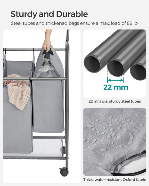 Rootz Gray Laundry Trolley - Clothes Rack - Rolling Cart - Powder-Coated Steel - 600D Polyester - Plastic Wheels - 108cm x 44cm x 172cm - Lightweight - Spacious - Easy Assembly