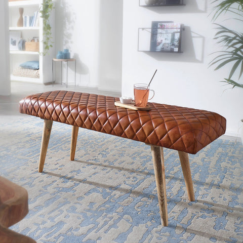 Rootz Bench - Genuine Leather - Upholstered 2-Seater Bench - Brown for Hall or Dining Room - Small Leather Bed Bench - Solid Wood - 115x53x38cm