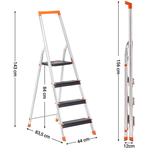 Rootz Ladder - 4 Treads - Aluminum - Stepladder - Tool Tray - Anti-Slip - Black - Orange - 44 x 11.5 x 156 cm