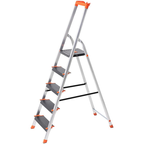 Rootz Ladder - Steps - Foldable - Aluminum - Anti-Tip - Tool Tray - Black - Orange