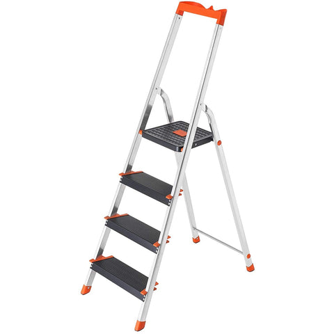 Rootz Ladder - 4 Treads - Aluminum - Stepladder - Tool Tray - Anti-Slip - Black - Orange - 44 x 11.5 x 156 cm