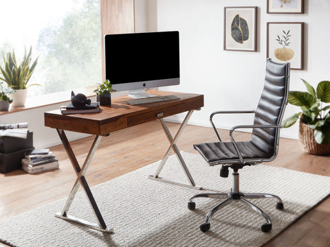 Rootz Desk - Chrome Metal - Design Office Table with Drawer - Home Office Laptop Table with Storage - Solid Sheesham Wood - 120x55x78 cm