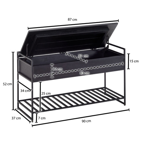 Rootz Storage Bench - Mango Solid Wood - Black Metal Hallway Bench - Small Shoe Bench with Seat - Narrow Entryway Bench with Shoe Rack - 90x52x38 cm