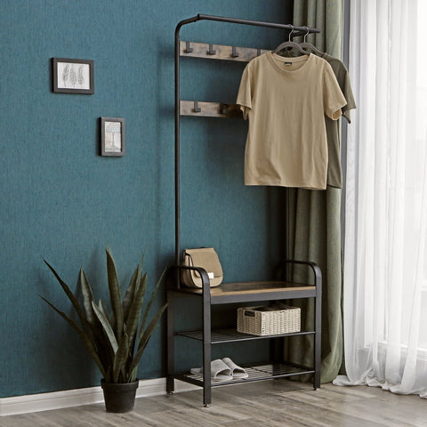 Rootz Standing Wardrobe Rack with Coat Rack - Shoe Rack and Bench - Vintage Industrial - Coat Racks - Brown / Black - 72 x 33.7 x 183 cm