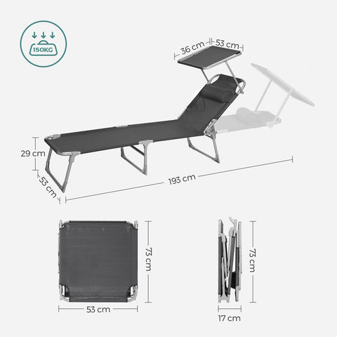 Rootz Sun Lounger - Outdoor Sun Lounger - Folding Sun Lounger - Adjustable Sun Lounger - Garden Sun Lounger - With Cushion And Roof - Black - 53 x 193 x 29.5 cm