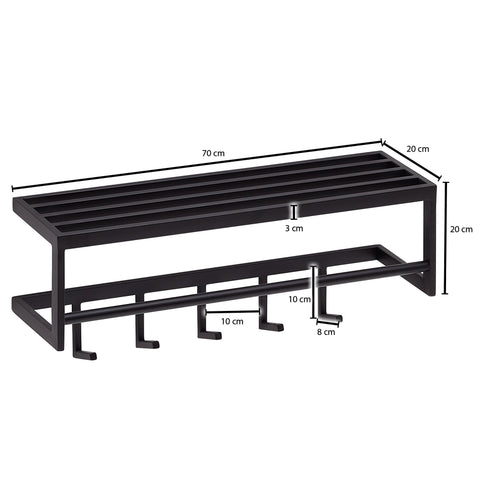 Rootz Metal Wall Coat Rack with Shelf - Stylish Black Hallway Organizer - Hat Rack and Hook Rail for Efficient Storage