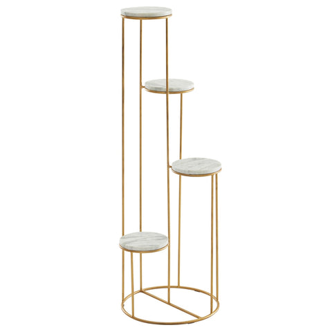 Rootz Plant Stand - Real Marble White -  Gold Standing - Modern Free-Standing Flower Stool with 4 Shelves - 36.5x107.5x36.5 cm